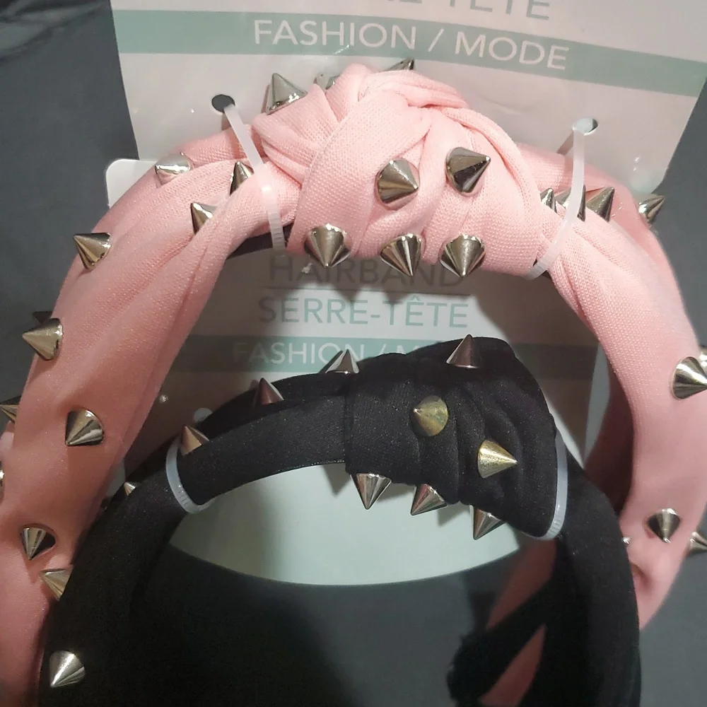 2pack Pink and black‎ fabric spiky metal studded knotted headbands new